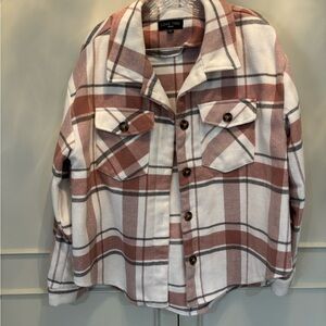 Love Tree Women's Oversized Plaid Jacket (Shacket) - Pink and White
